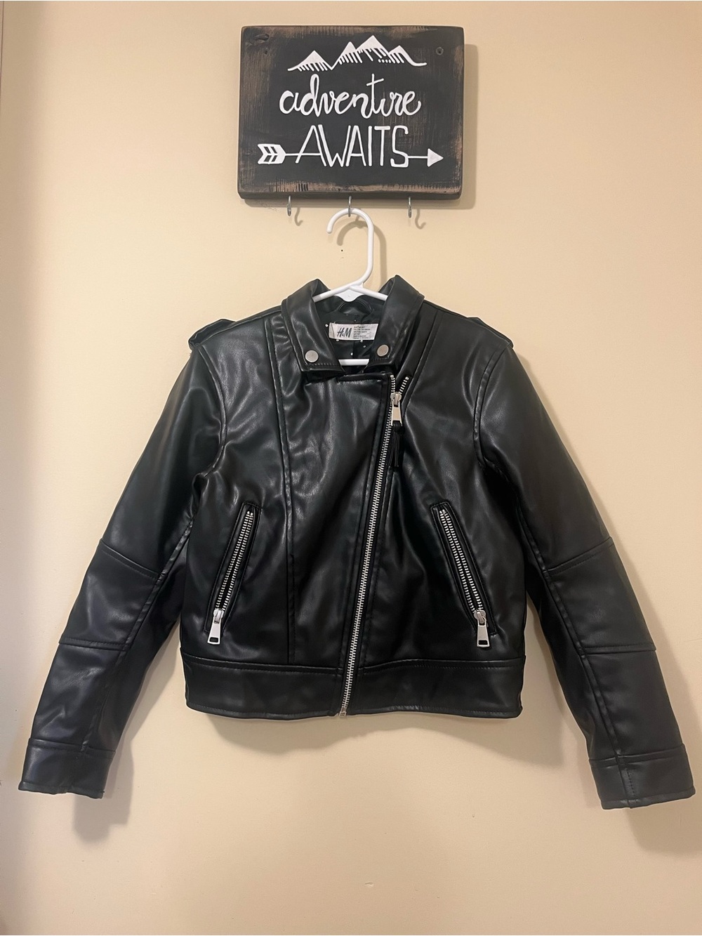 H&M Kids Black Faux Leather Moto Jacket with Zip Details